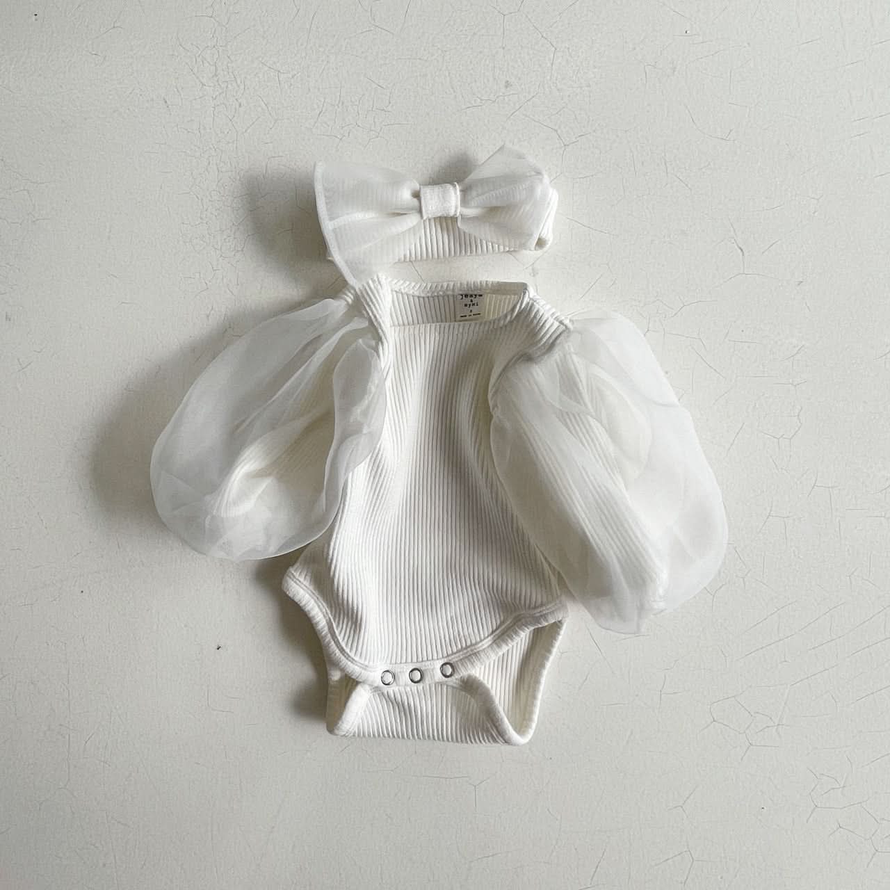 Baby Organza Puff Sleeve Rib Romper and Headband Set (3 - 24m) - Cream kids outfit