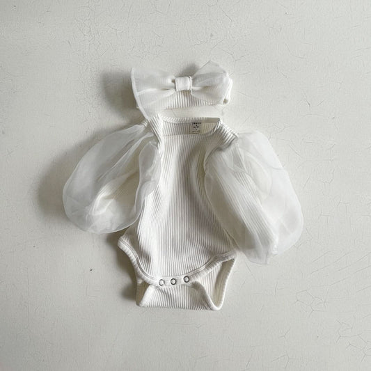 Baby Organza Puff Sleeve Rib Romper and Headband Set (3 - 24m) - Cream kids outfit
