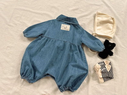 Baby Peter Pan Collar Double Pocket Denim Jumpsuit (12m) - Denim kids outfit