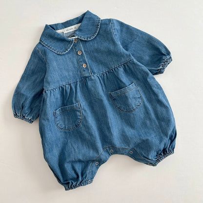 Baby Peter Pan Collar Double Pocket Denim Jumpsuit (12m) - Denim kids outfit