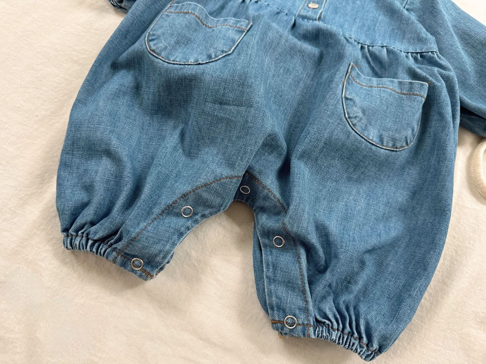Baby Peter Pan Collar Double Pocket Denim Jumpsuit (12m) - Denim kids outfit