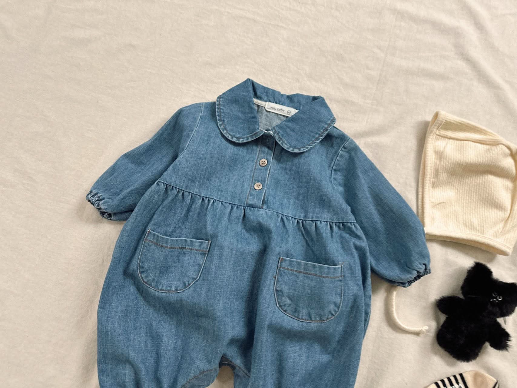 Baby Peter Pan Collar Double Pocket Denim Jumpsuit (12m) - Denim kids outfit