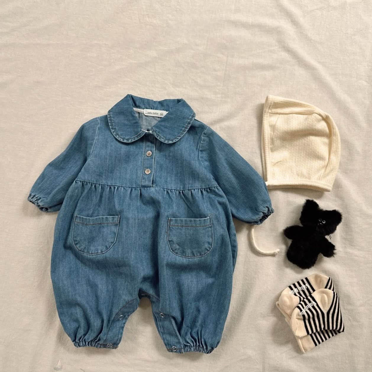 Baby Peter Pan Collar Double Pocket Denim Jumpsuit (12m) - Denim kids outfit