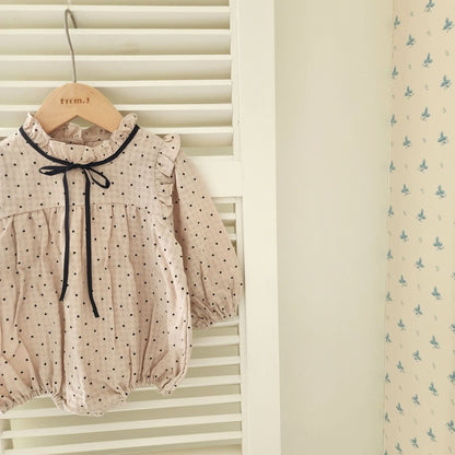 Baby Polka Dot Contrast Tie Neck Romper (3 - 18m) - Beige kids outfit