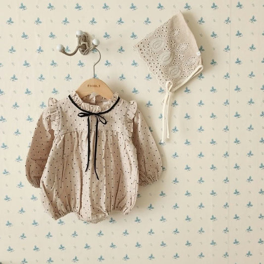 Baby Polka Dot Contrast Tie Neck Romper (3 - 18m) - Beige kids outfit