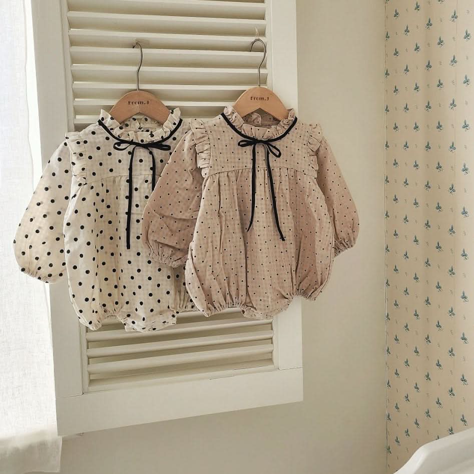 Baby Polka Dot Contrast Tie Neck Romper (3 - 18m) - Beige kids outfit