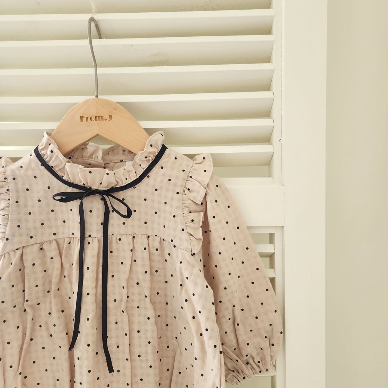 Baby Polka Dot Contrast Tie Neck Romper (3 - 18m) - Beige kids outfit
