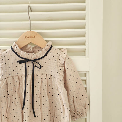 Baby Polka Dot Contrast Tie Neck Romper (3 - 18m) - Beige kids outfit