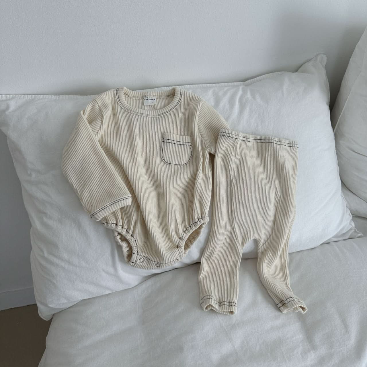 Baby Ribbed Long Sleeve Stitch Detail Romper (0 - 24m) - 3 Colors kids outfit