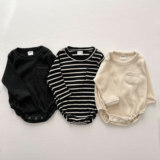 Baby Ribbed Long Sleeve Stitch Detail Romper (0 - 24m) - 3 Colors kids outfit