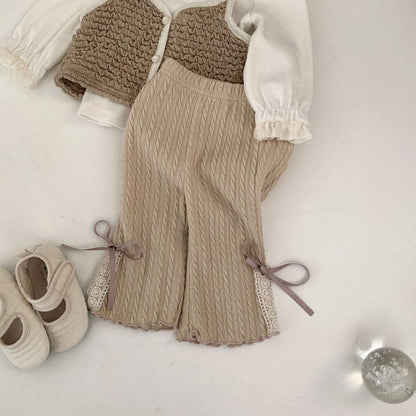 Baby S25 Bow and Lace Trim Cable Flare Pants (3 - 18m) - Beige kids outfit
