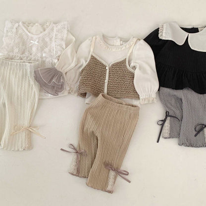 Baby S25 Bow and Lace Trim Cable Flare Pants (3 - 18m) - Beige kids outfit