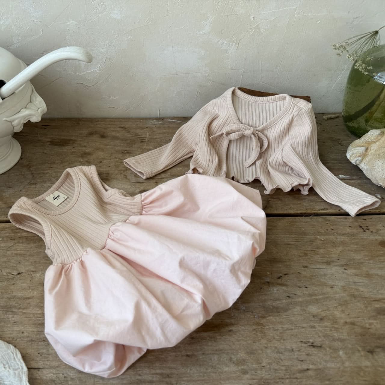 Baby S25 Rib Knit Cardigan and Sleeveless Balloon Dress (3 - 24m) - Dusty Pink kids outfit