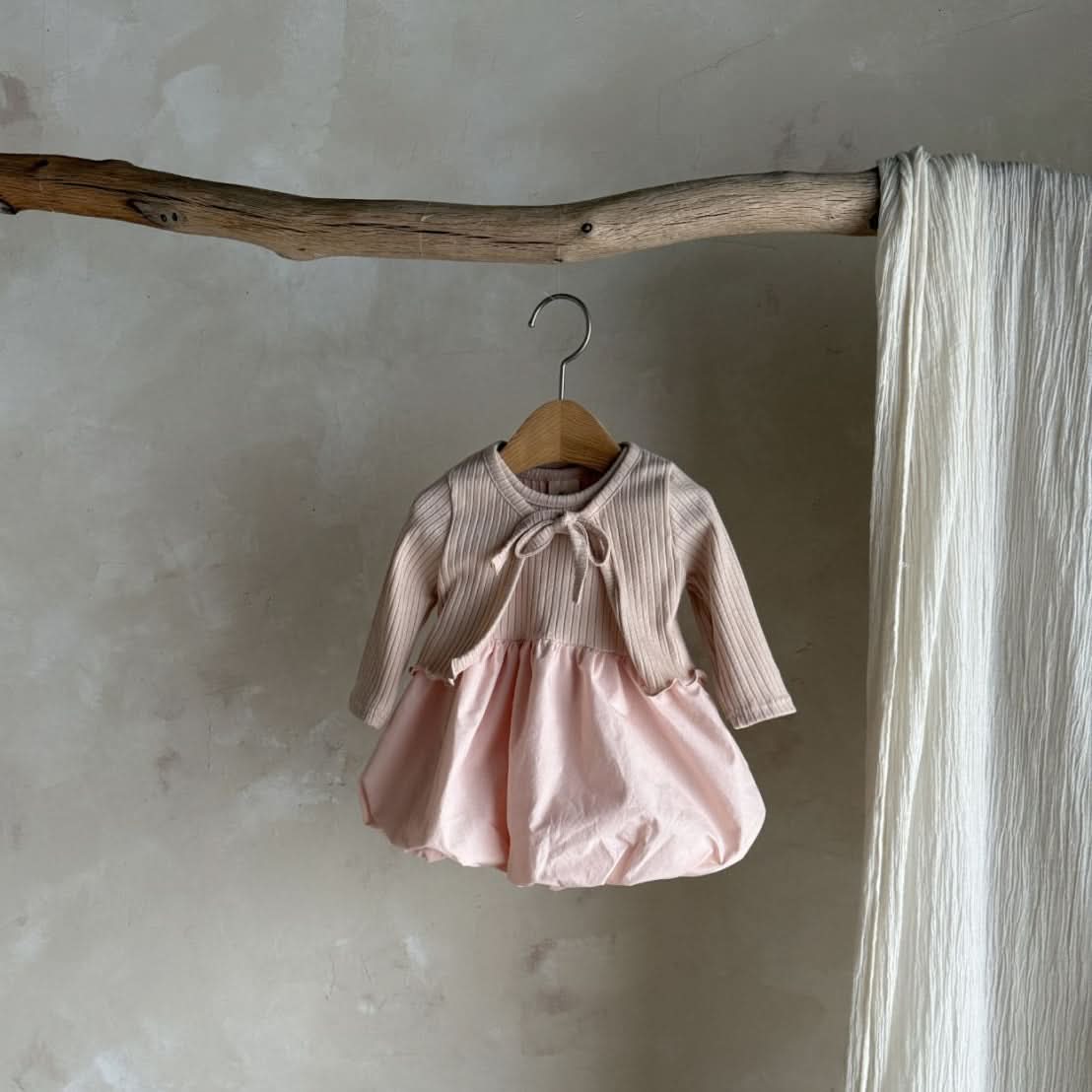 Baby S25 Rib Knit Cardigan and Sleeveless Balloon Dress (3 - 24m) - Dusty Pink kids outfit