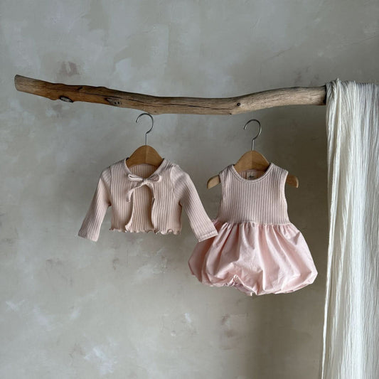Baby S25 Rib Knit Cardigan and Sleeveless Balloon Dress (3 - 24m) - Dusty Pink kids outfit