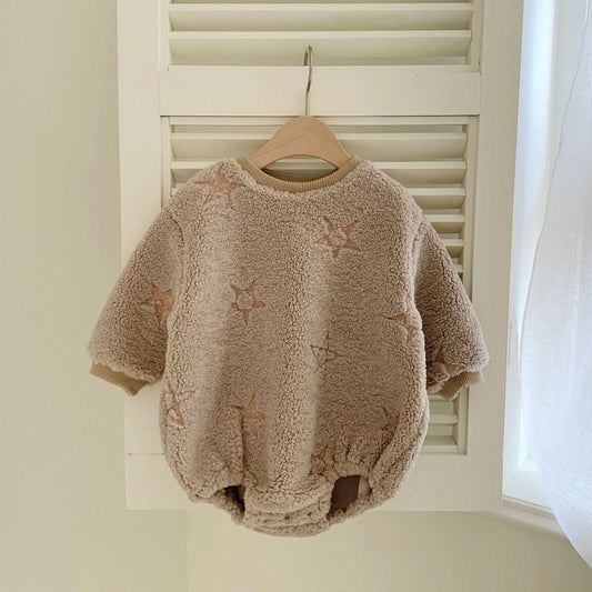 Baby Star Embroidered Sherpa Romper (3 - 24m) - Beige kids outfit
