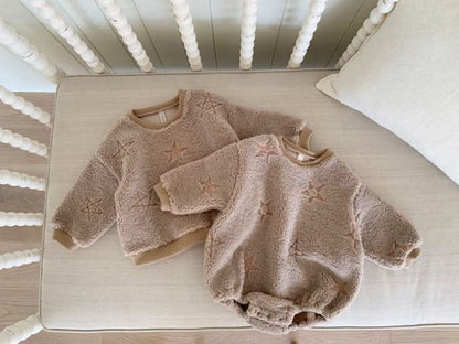 Baby Star Embroidered Sherpa Romper (3 - 24m) - Beige kids outfit