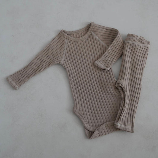 Baby Stitch Detail Ribbed Bodysuit and Pants Set (3 - 12m) - Beige kids outfit