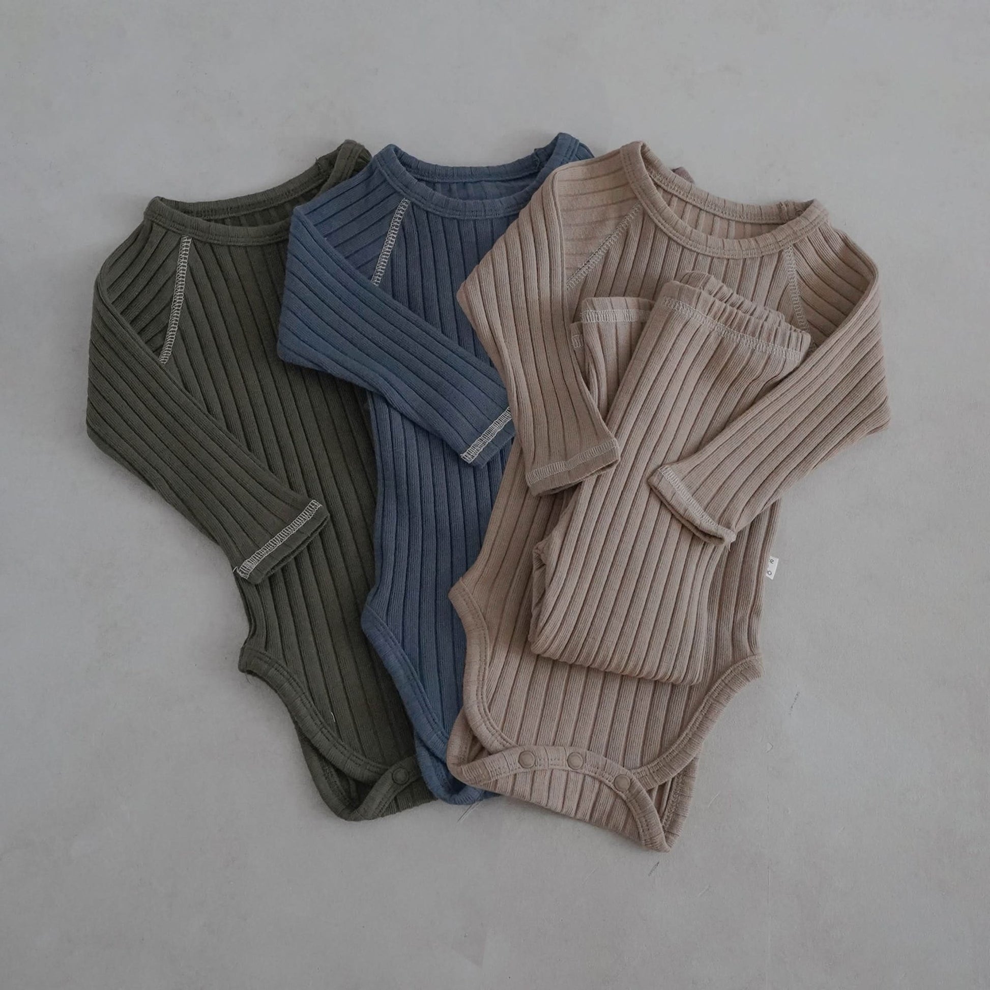 Baby Stitch Detail Ribbed Bodysuit and Pants Set (3 - 12m) - Olive kids outfit