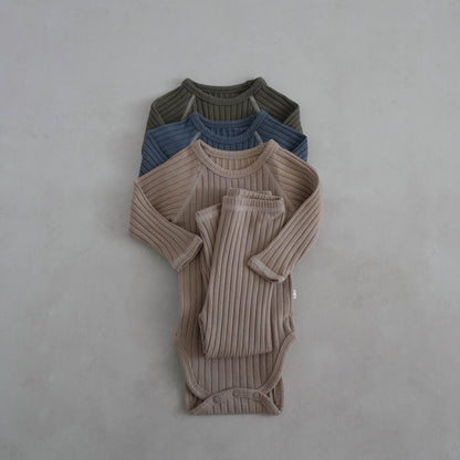 Baby Stitch Detail Ribbed Bodysuit and Pants Set (3 - 12m) - Olive kids outfit