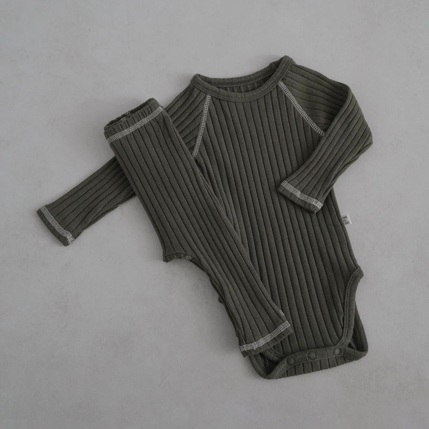Baby Stitch Detail Ribbed Bodysuit and Pants Set (3 - 12m) - Olive kids outfit