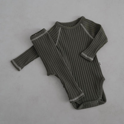 Baby Stitch Detail Ribbed Bodysuit and Pants Set (3 - 12m) - Olive kids outfit