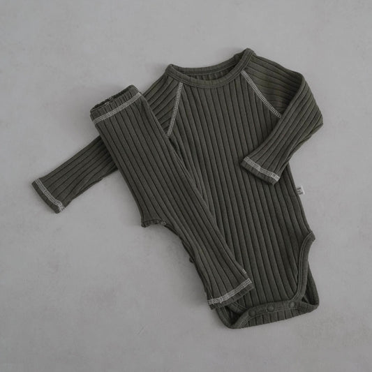 Baby Stitch Detail Ribbed Bodysuit and Pants Set (3 - 12m) - Olive kids outfit