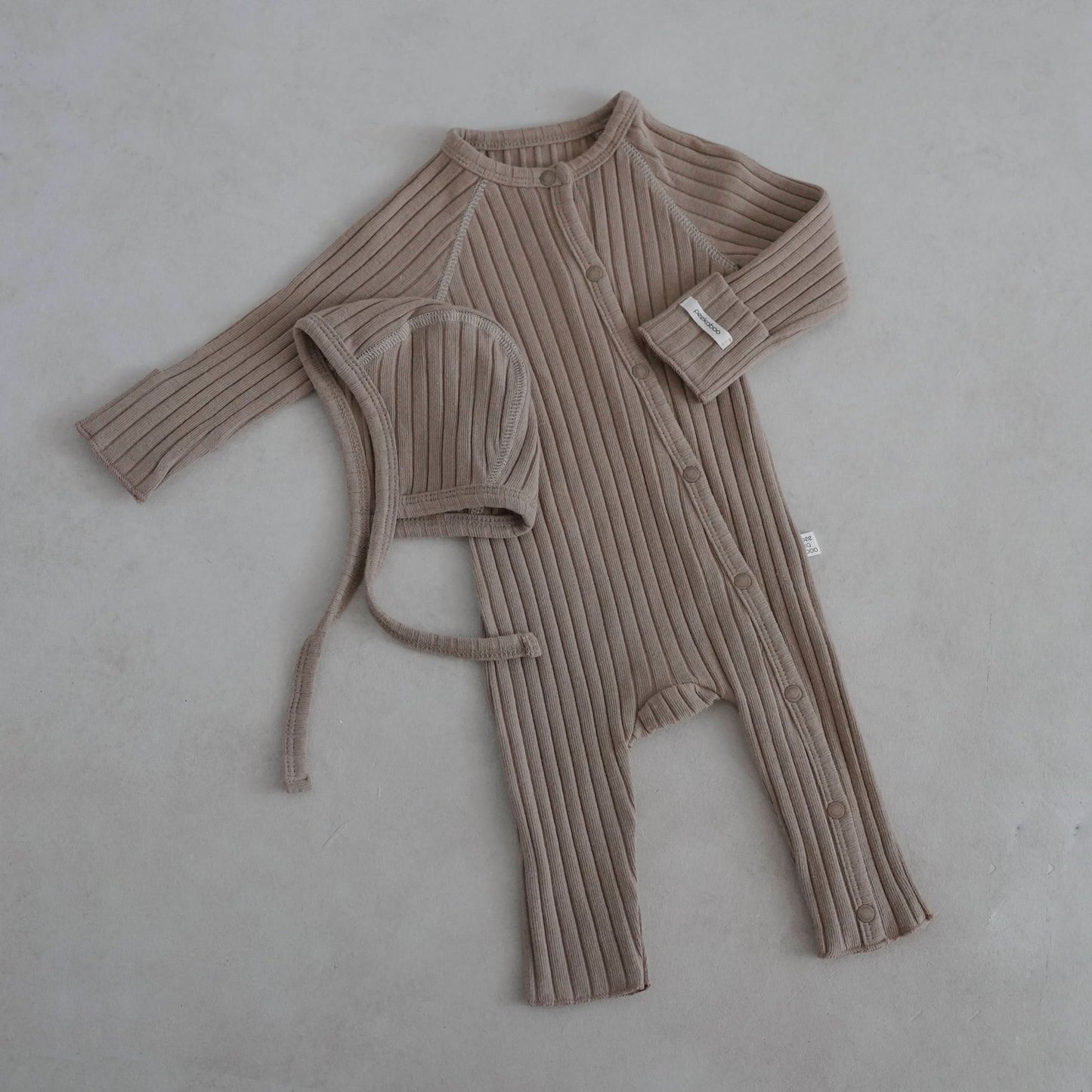 Baby Stitch Detail Ribbed Jumpsuit and Bonnet Set (0 - 3m) - Beige kids outfit