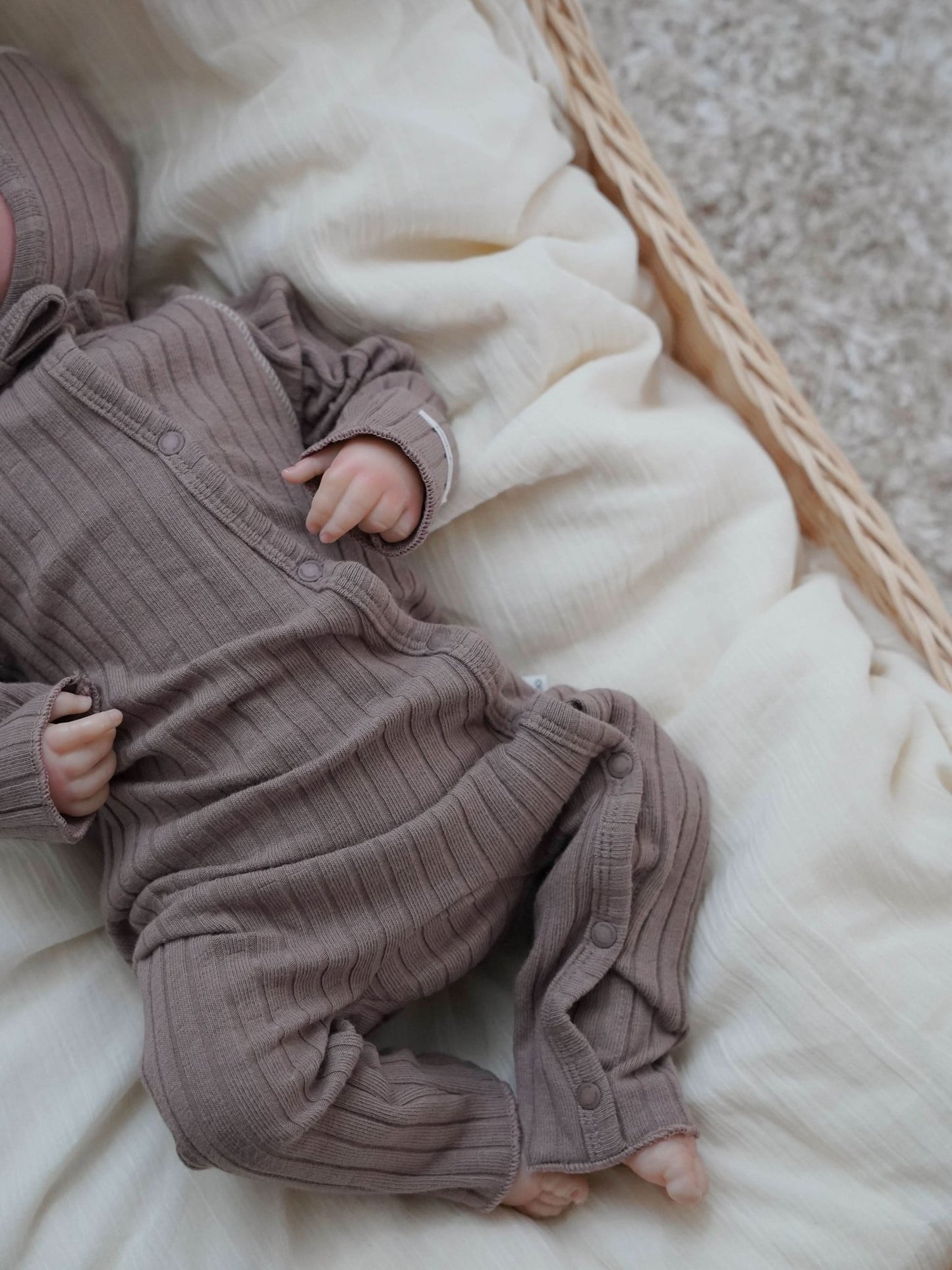 Baby Stitch Detail Ribbed Jumpsuit and Bonnet Set (0 - 3m) - Beige kids outfit