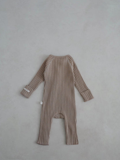 Baby Stitch Detail Ribbed Jumpsuit and Bonnet Set (0 - 3m) - Beige kids outfit