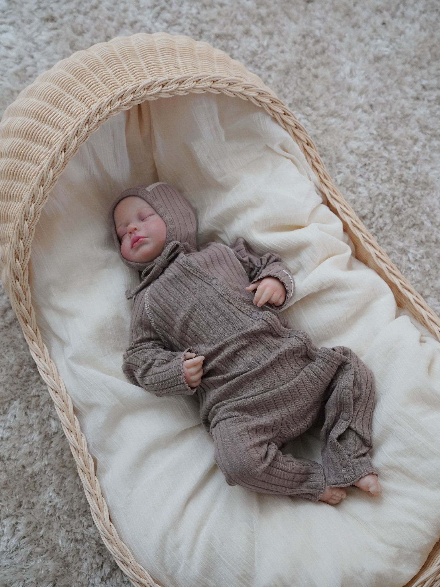 Baby Stitch Detail Ribbed Jumpsuit and Bonnet Set (0 - 3m) - Beige kids outfit