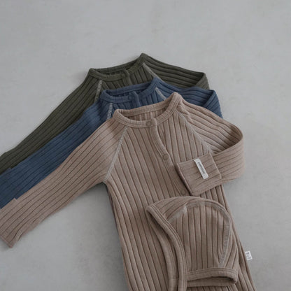 Baby Stitch Detail Ribbed Jumpsuit and Bonnet Set (0 - 3m) - Olive kids outfit
