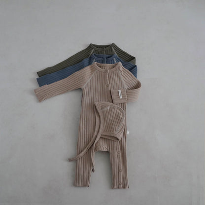 Baby Stitch Detail Ribbed Jumpsuit and Bonnet Set (0 - 3m) - Olive kids outfit