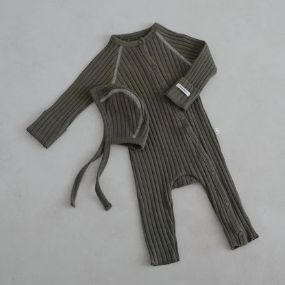 Baby Stitch Detail Ribbed Jumpsuit and Bonnet Set (0 - 3m) - Olive kids outfit