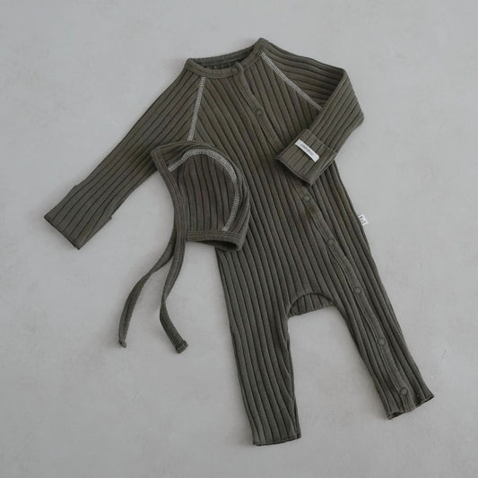 Baby Stitch Detail Ribbed Jumpsuit and Bonnet Set (0 - 3m) - Olive kids outfit