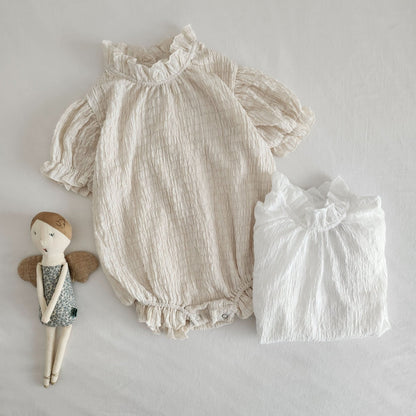 Baby Textured Short Sleeve Lettuce Edge Romper (3 - 6m) - Beige kids outfit