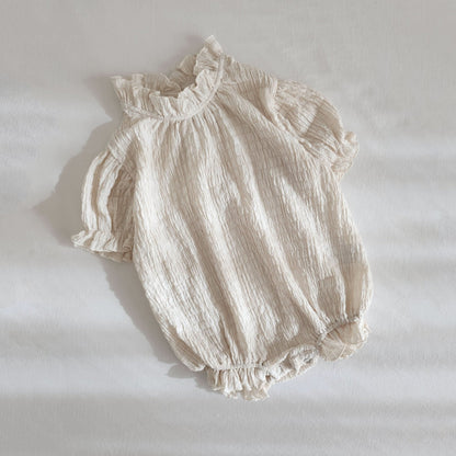 Baby Textured Short Sleeve Lettuce Edge Romper (3 - 6m) - Beige kids outfit