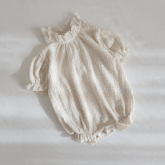 Baby Textured Short Sleeve Lettuce Edge Romper (3 - 6m) - Beige kids outfit