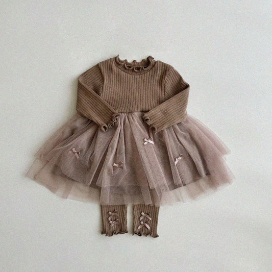 Baby Toddler Aosta F24 Lettuce - edge Long Sleeve Bow Tutu Dress (3 - 12m) - 2 Colors kids outfit