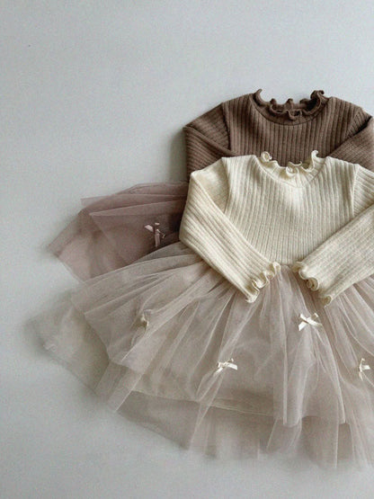 Baby Toddler Aosta F24 Lettuce - edge Long Sleeve Bow Tutu Dress (3 - 12m) - 2 Colors kids outfit