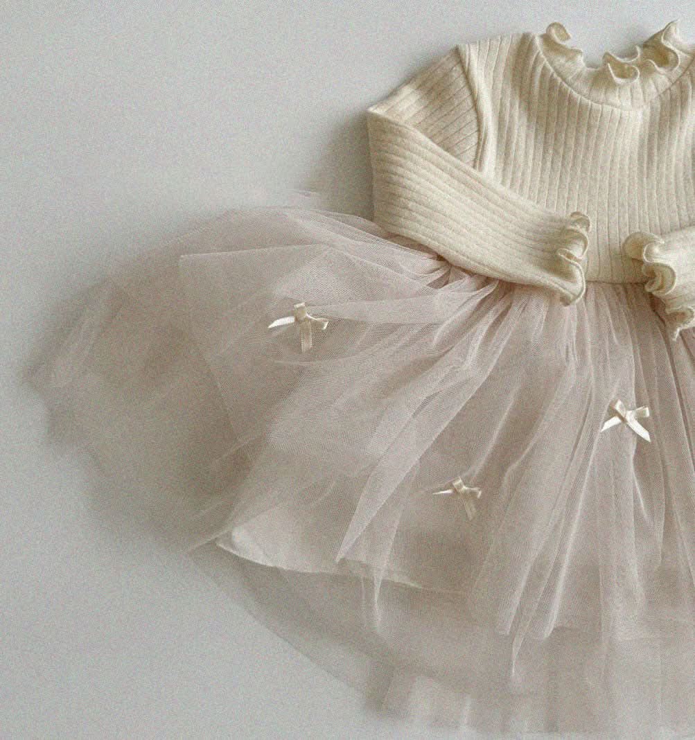 Baby Toddler Aosta F24 Lettuce - edge Long Sleeve Bow Tutu Dress (3 - 12m) - 2 Colors kids outfit
