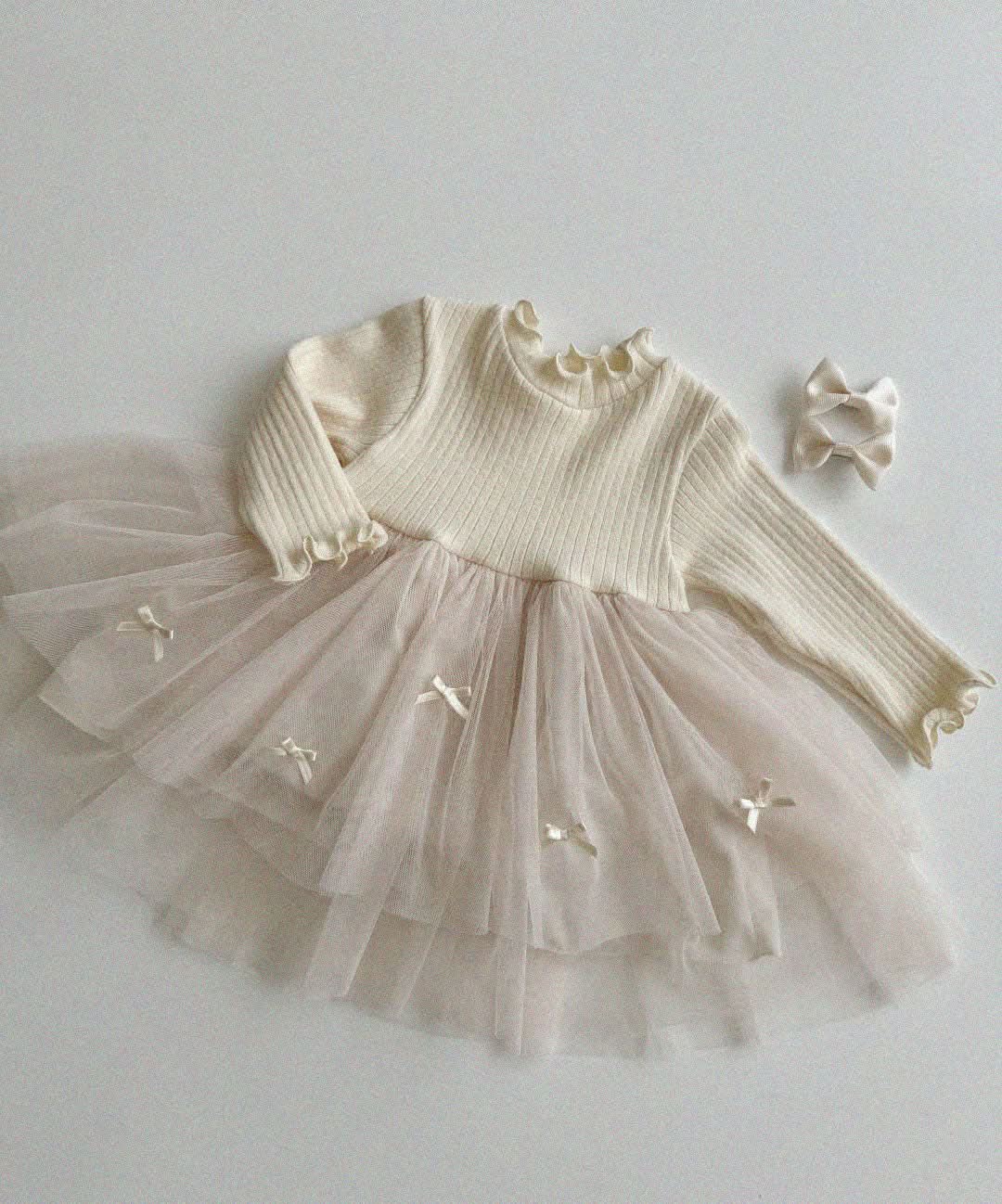 Baby Toddler Aosta F24 Lettuce - edge Long Sleeve Bow Tutu Dress (3 - 12m) - 2 Colors kids outfit