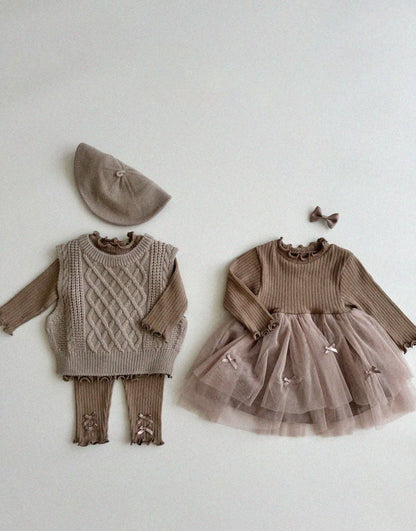 Baby Toddler Aosta F24 Lettuce - edge Long Sleeve Bow Tutu Dress (3 - 12m) - 2 Colors kids outfit