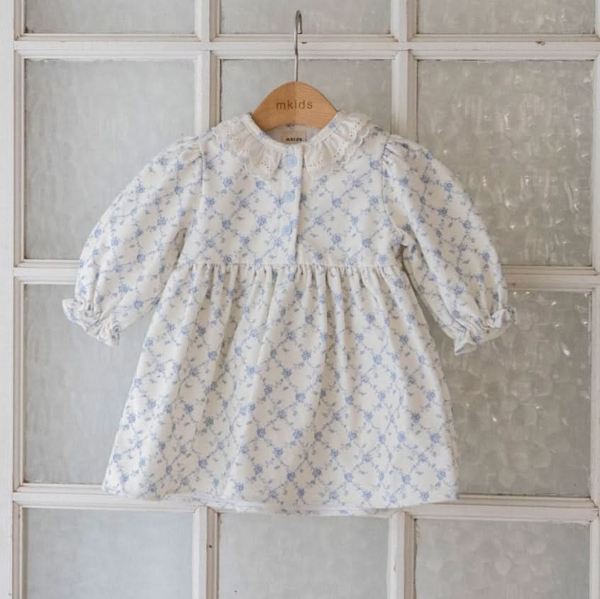 Baby Toddler Lace Detail Soft Brushed Fabric Dress (6m - 6y) - Blue Floral kids outfit