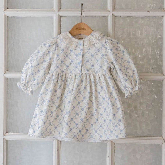 Baby Toddler Lace Detail Soft Brushed Fabric Dress (6m - 6y) - Blue Floral kids outfit