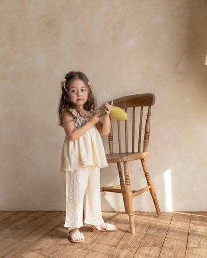 Baby Toddler S25 Ruffle Shoulder Smocked Bodice Top and Wide Pants Set (2 - 7y) - 2 Colors kids outfit