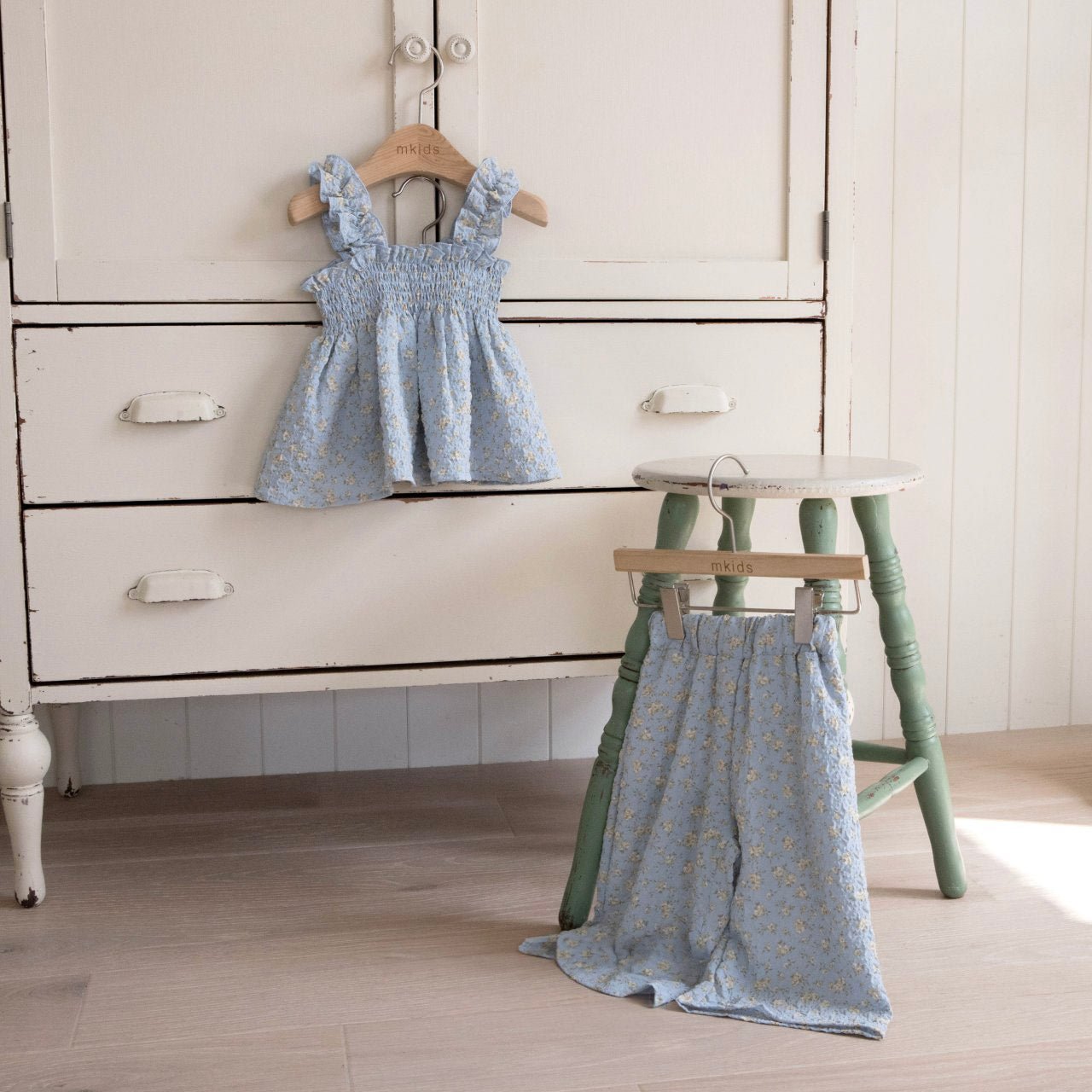 Baby Toddler S25 Ruffle Shoulder Smocked Bodice Top and Wide Pants Set (2 - 7y) - 2 Colors kids outfit