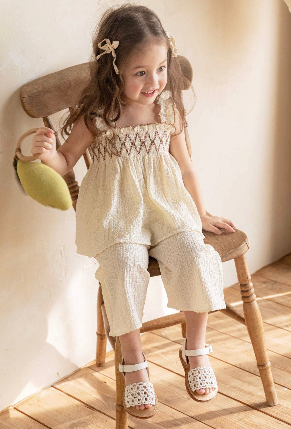 Baby Toddler S25 Ruffle Shoulder Smocked Bodice Top and Wide Pants Set (2 - 7y) - 2 Colors kids outfit