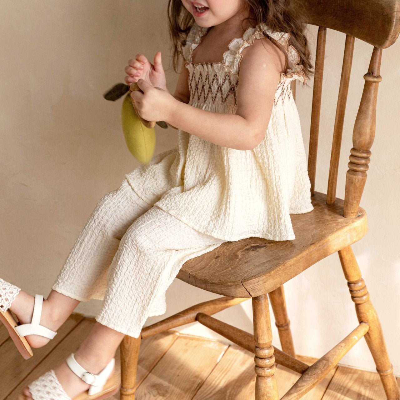 Baby Toddler S25 Ruffle Shoulder Smocked Bodice Top and Wide Pants Set (2 - 7y) - 2 Colors kids outfit