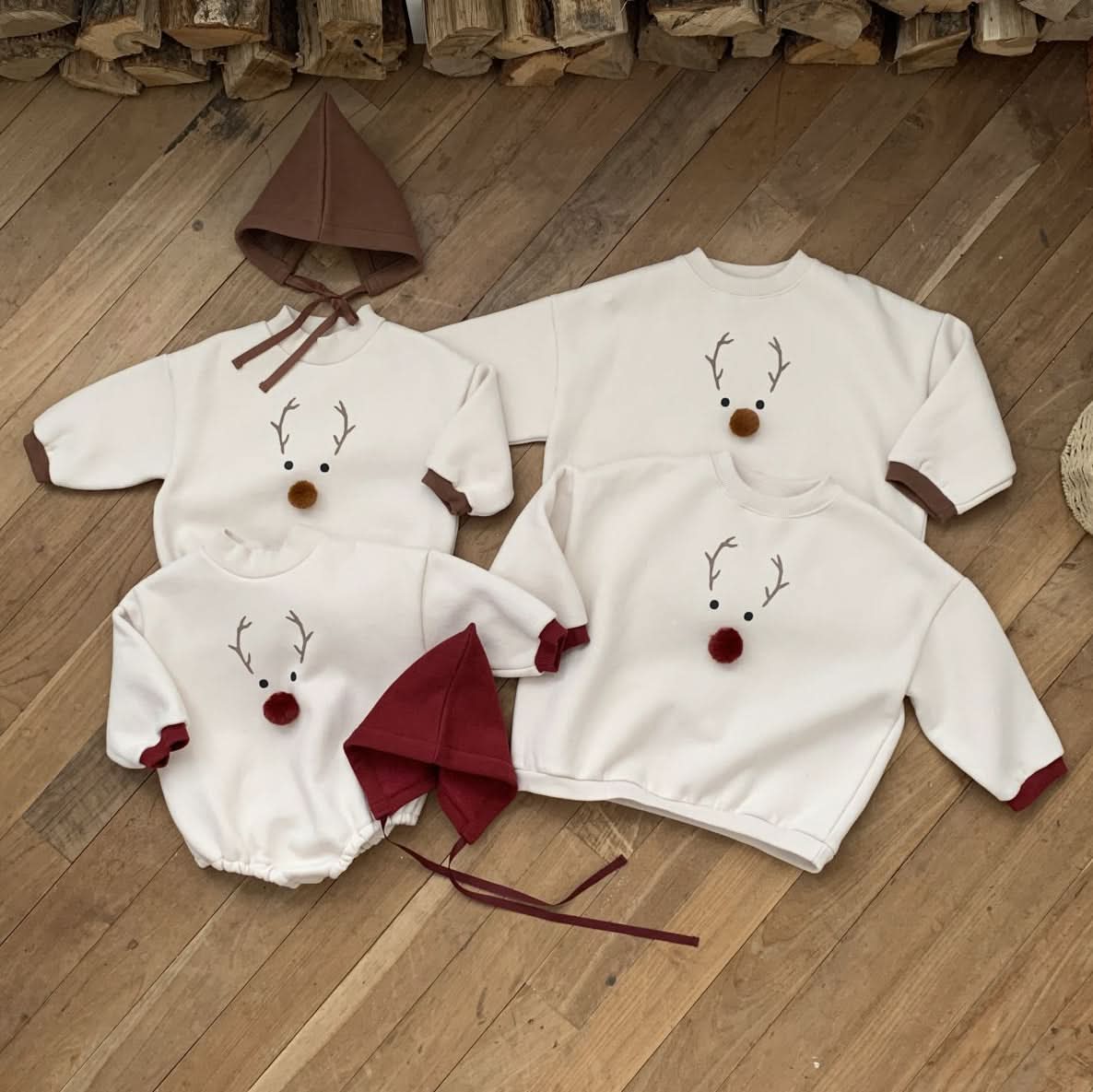 Baby W24 Back Brushed Fabric Reindeer Mock Neck Sweatshirt Romper and Bonnet Set (3 - 18m) - 2 Colors kids outfit
